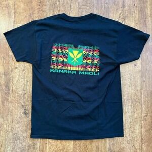 Kanaka Maoli Hawaiian graphic tee in black and multi-colours, flaws in pics